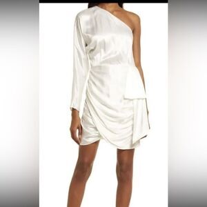 Elliatt One-Shoulder Ivory Satin Mini Dress with Draped Skirt